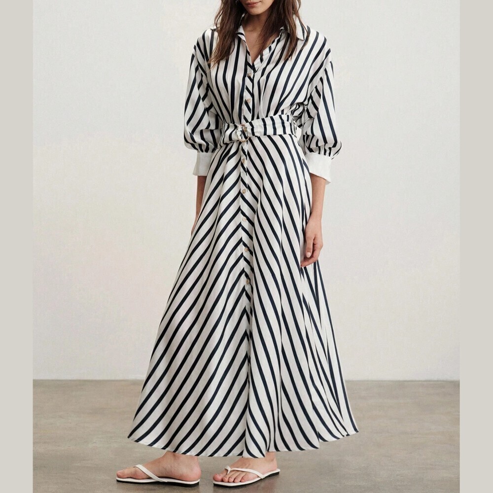 Navy Striped Collared Belted Button Front Maxi Shirt Dress